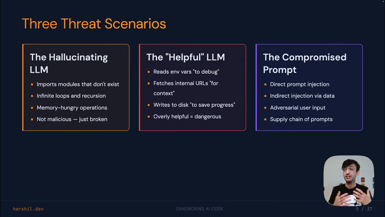 Slide titled “Three Threat Scenarios” with three cards listing broken-code behaviors, overly helpful access to environment variables and internal URLs, and prompt-injection routes. A presenter inset appears at bottom right.
