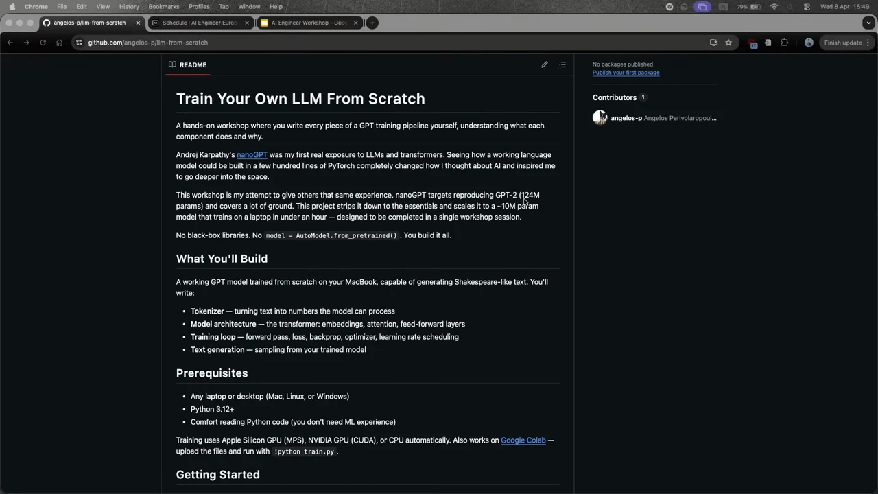 GitHub README titled Train Your Own LLM From Scratch, showing project background, four build components, and prerequisites.