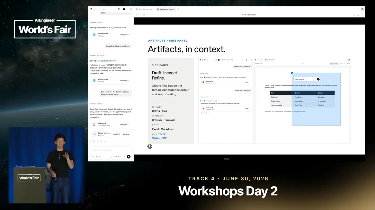 Slide showing a chat beside a document preview with a blue annotation selection, alongside a panel describing artifact creation and editing.