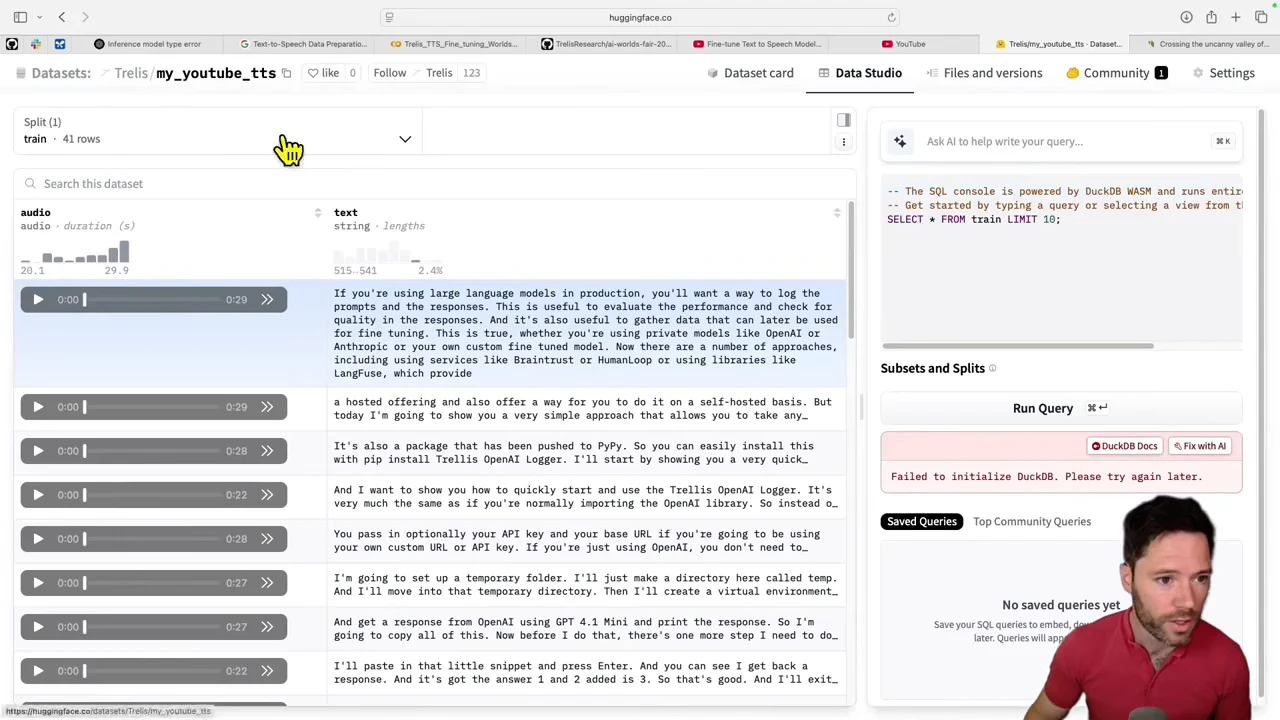 Hugging Face dataset table with audio playback controls and text rows, alongside a SQL panel showing a DuckDB initialization error.