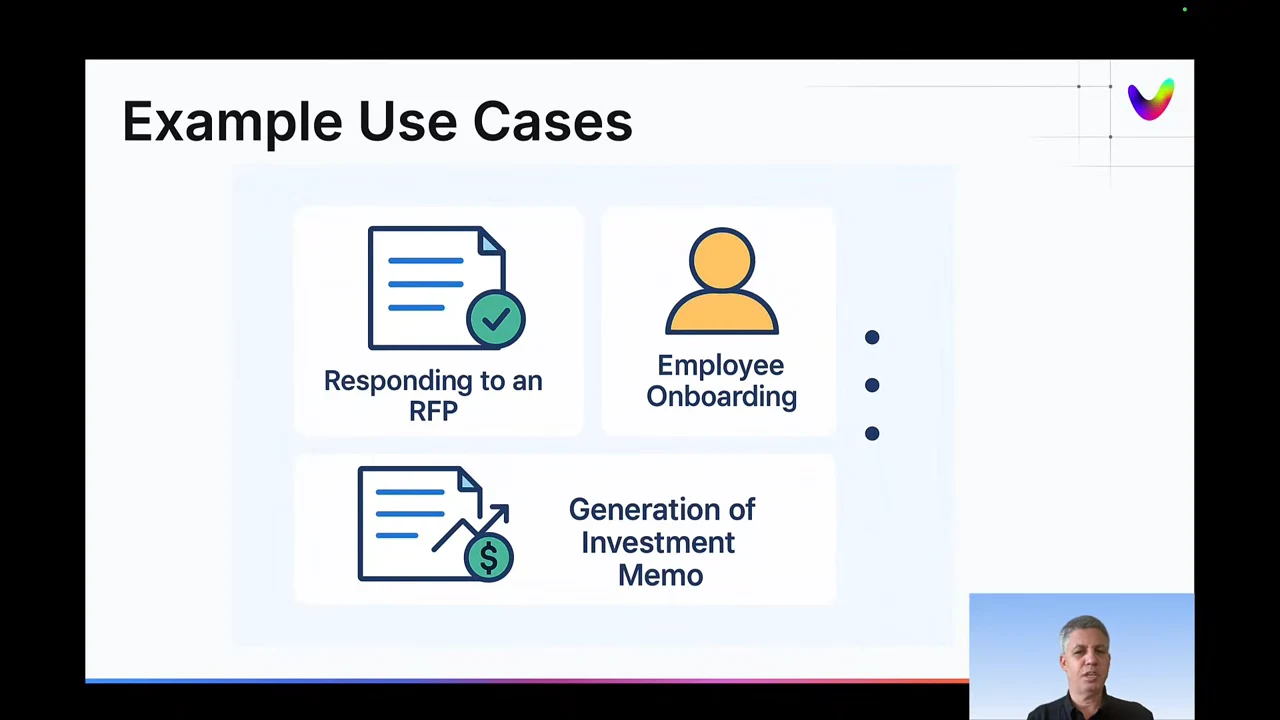 “Example Use Cases” slide contains illustrated tiles labeled “Responding to an RFP,” “Employee Onboarding,” and “Generation of Investment Memo.”