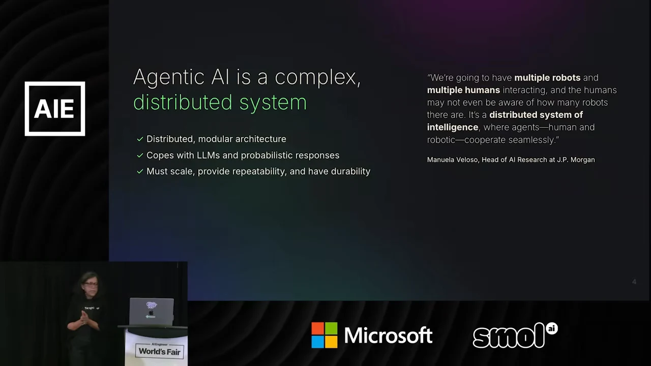 Slide listing distributed architecture, probabilistic LLM responses, and requirements for scale, repeatability, and durability, alongside a quotation.