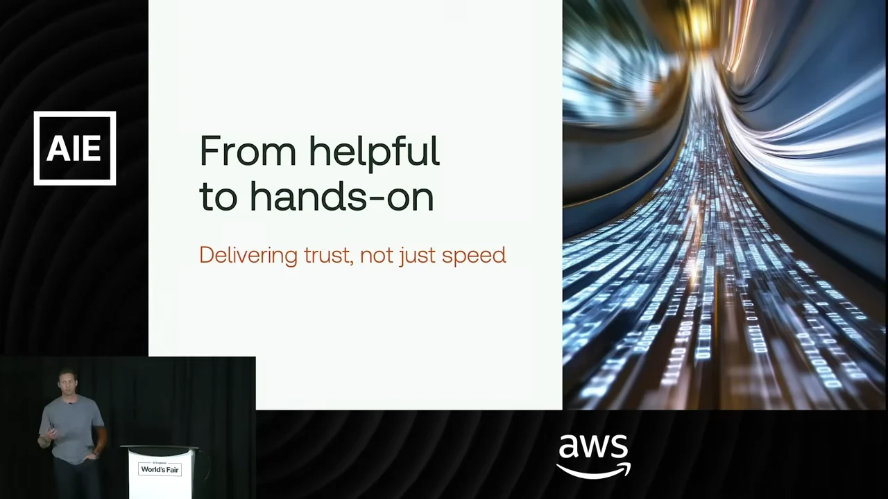 Slide reading “From helpful to hands-on” and “Delivering trust, not just speed,” beside an abstract image of streaming data.