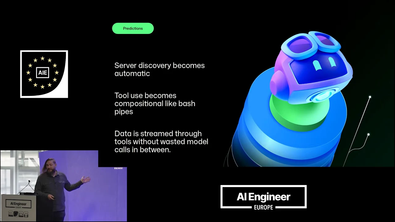 Predictions slide lists automatic server discovery, tool composition like bash pipes, and streaming data through tools without wasted model calls, beside a colorful robot illustration.