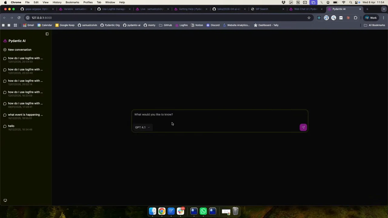 Dark Pydantic AI interface with a conversation sidebar and an empty message composer containing a model selector and purple send button.