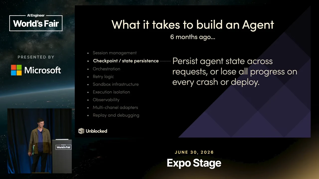 Slide highlighting checkpoint and state persistence beside the text: Persist agent state across requests, or lose all progress on every crash or deploy.