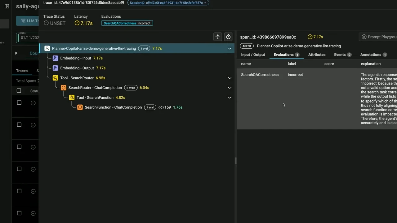 Arize trace interface showing a planner, embedding steps, SearchRouter and SearchFunction calls, alongside an Evaluations tab with SearchQACorrectness labeled incorrect.