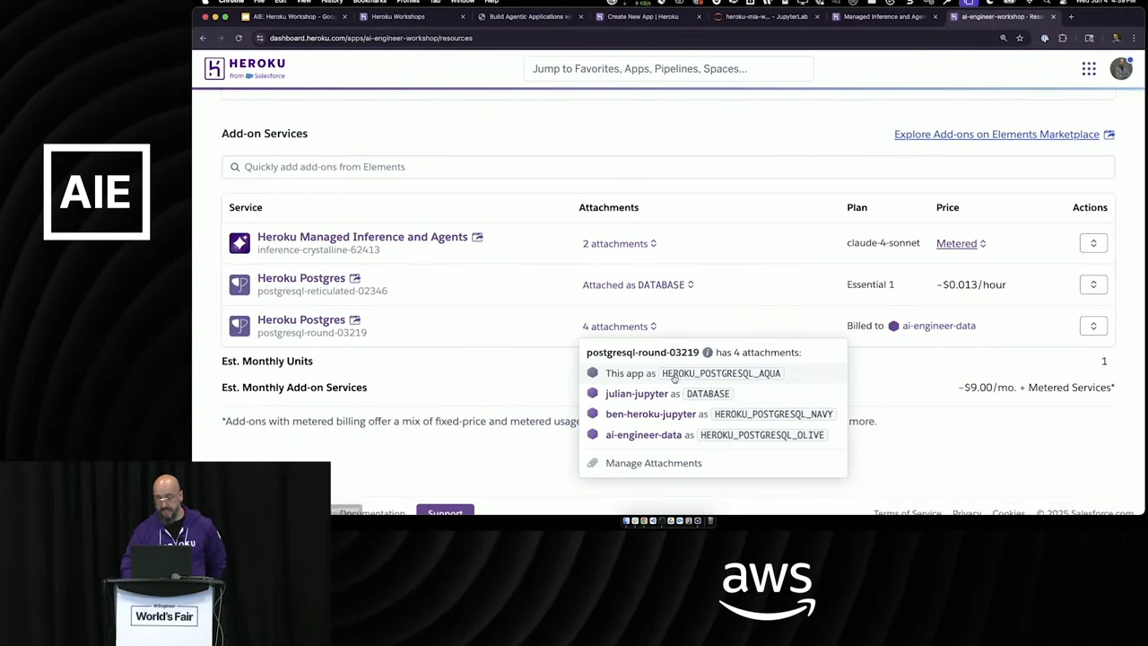 Heroku Resources page with a Postgres attachment popover listing four application attachments, including HEROKU_POSTGRESQL_AQUA and DATABASE.