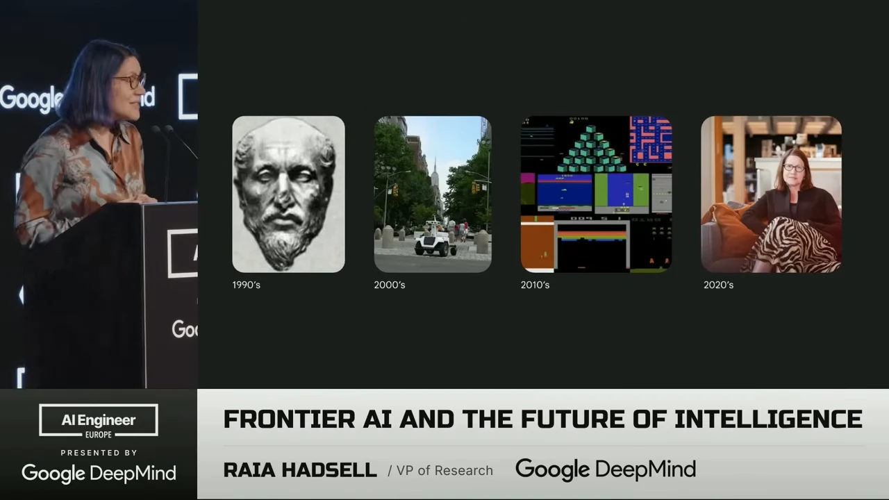 Four images labeled by decade show a classical bust, a street with a small vehicle, colorful game screens, and a seated woman.