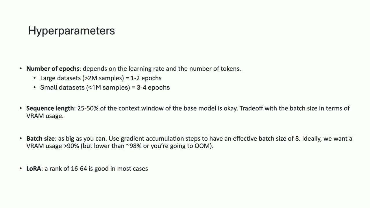 A Hyperparameters slide lists dataset-dependent epoch counts, sequence length and batch size trade-offs in VRAM usage, gradient accumulation, and LoRA ranks of 16–64.