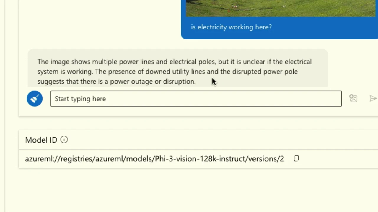 Zoomed chat response beneath “is electricity working here?” says downed utility lines and a disrupted power pole suggest an outage or disruption; the Phi-3 vision model identifier appears below.