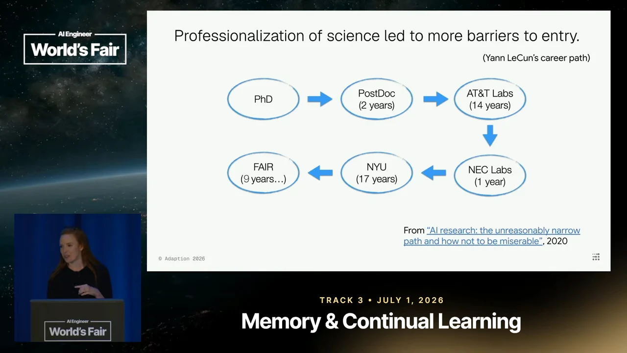 Slide showing connected stages from PhD to postdoc, AT&T Labs, NEC Labs, NYU and FAIR beneath the heading about barriers to entry.