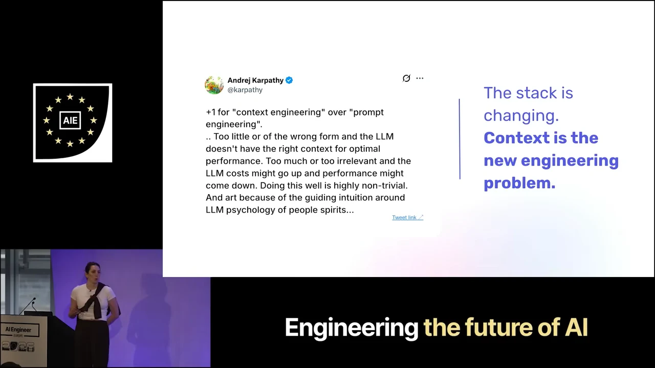 Slide pairing an Andrej Karpathy post about context engineering with the statement, “The stack is changing. Context is the new engineering problem.”