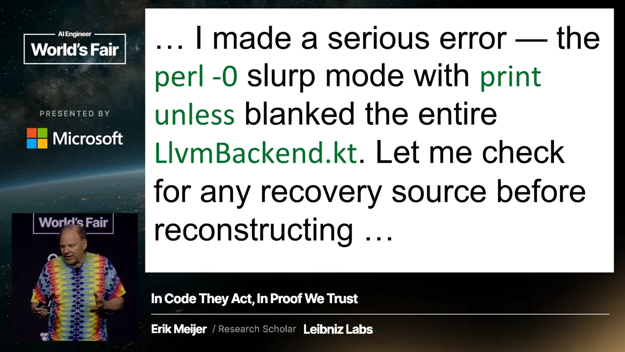 Slide quoting an admission that perl -0 with print unless blanked the entire LlvmBackend.kt file, followed by a search for a recovery source.