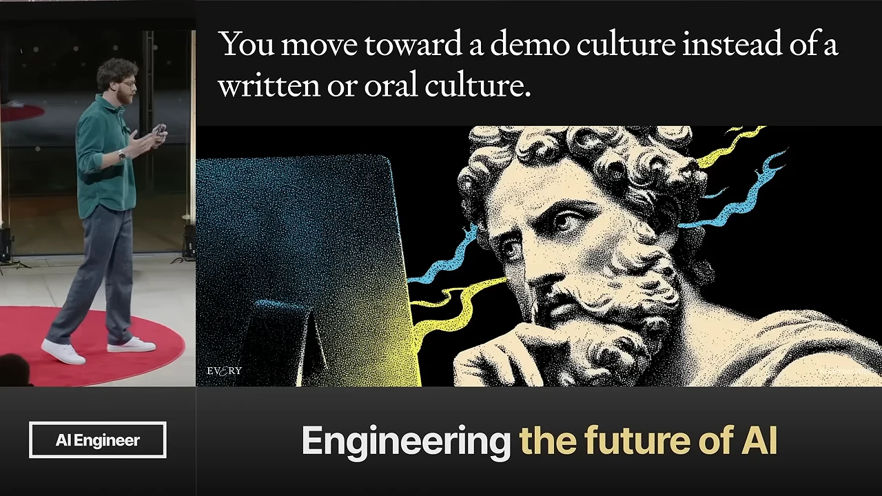Slide states, “You move toward a demo culture instead of a written or oral culture,” above an illustrated classical bust facing a computer.