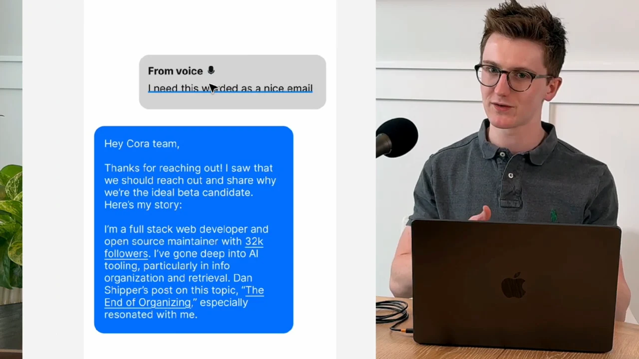 Enlarged chat panel with a gray “From voice” request and a blue email response beginning “Hey Cora team.”
