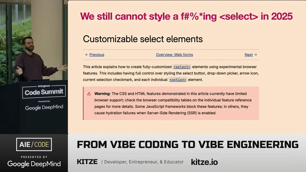 Slide about styling select elements in 2025, showing documentation headed “Customizable select elements” and a highlighted compatibility warning.