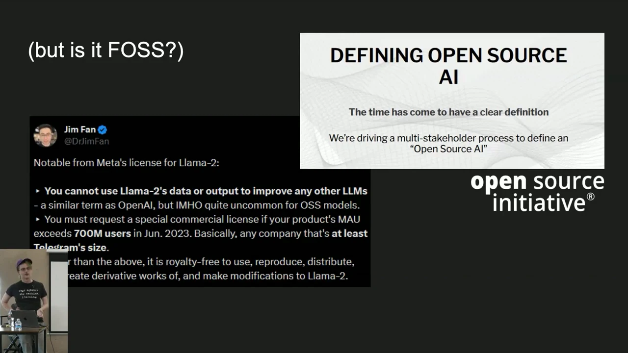 Slide asks “but is it FOSS?” beside a Jim Fan post about Llama 2 license restrictions and an Open Source Initiative definition announcement.