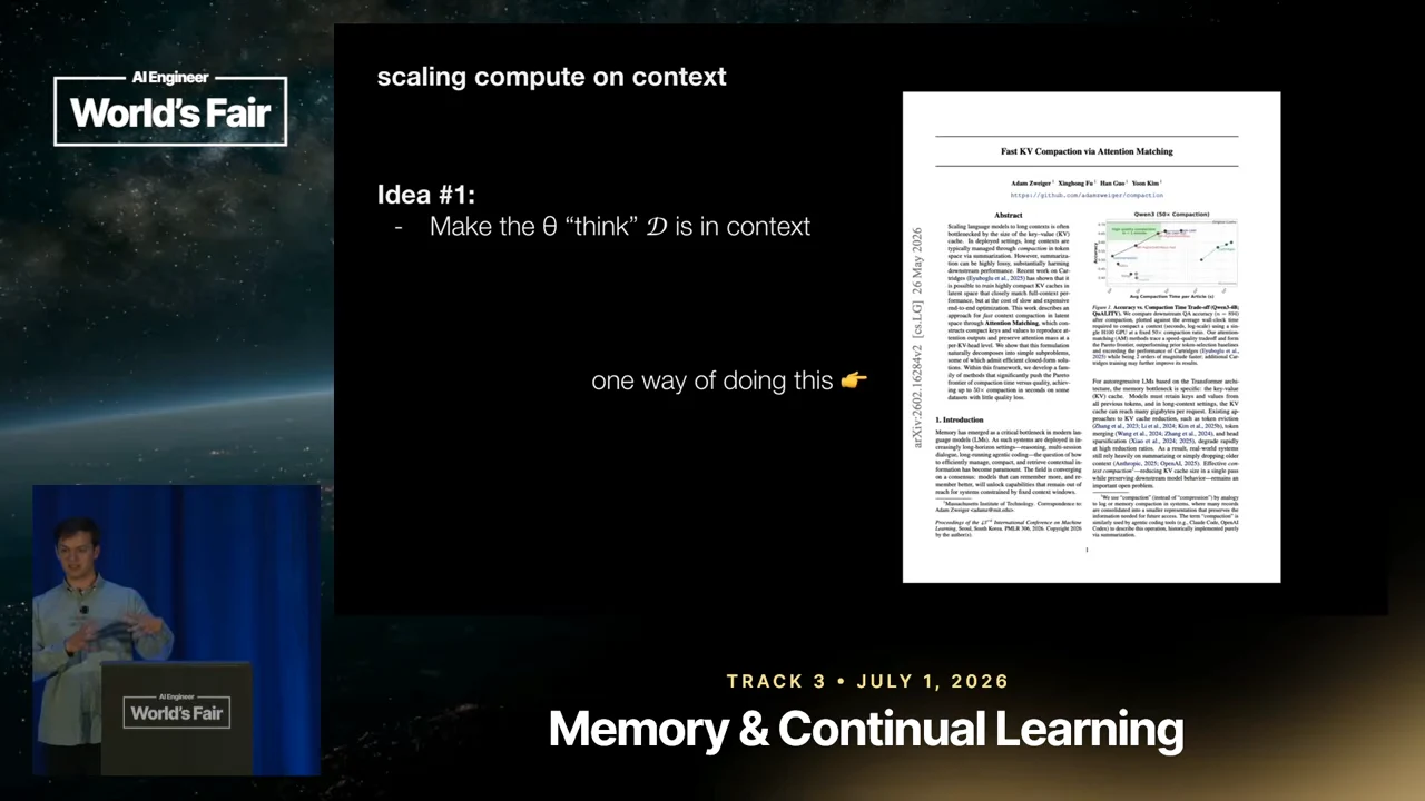 Slide states “Make the θ ‘think’ D is in context” and points to a paper titled “Fast KV Compaction via Attention Matching.”