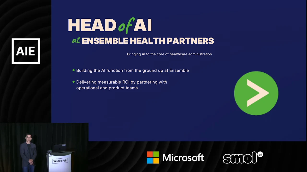 Slide titled “Head of AI at Ensemble Health Partners,” with bullets on building the AI function and delivering measurable ROI with operational and product teams.