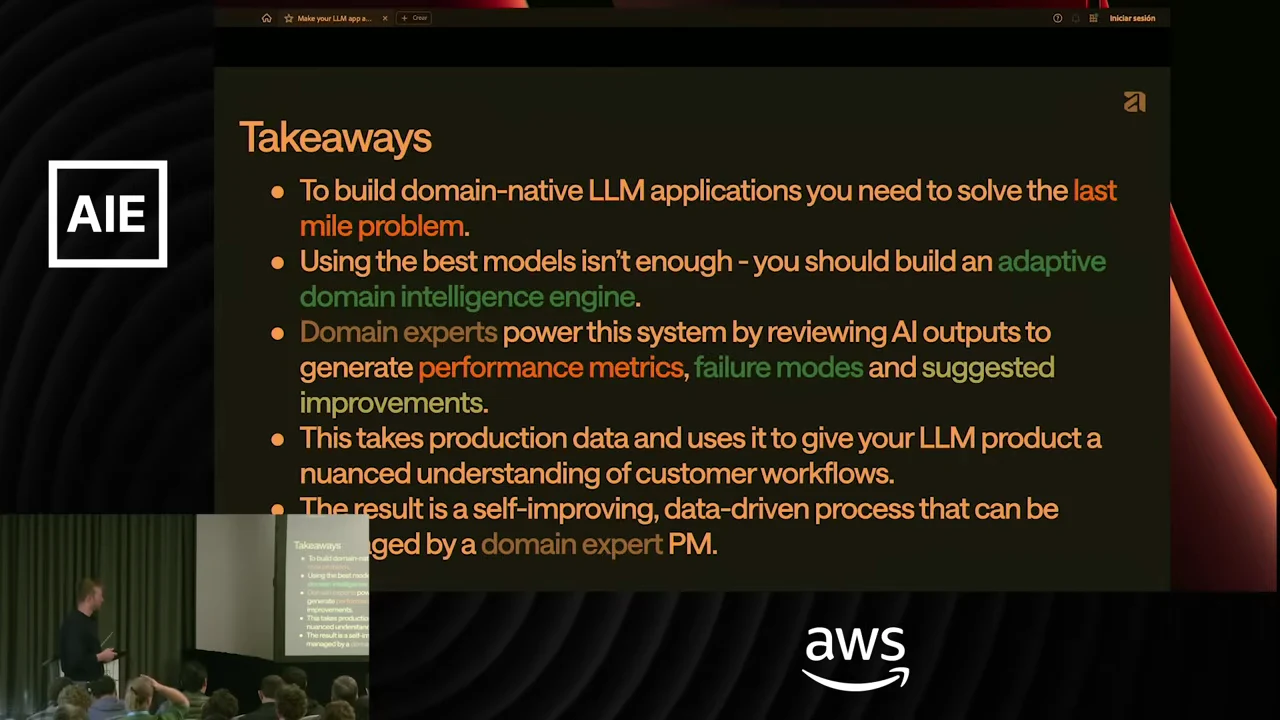 Takeaways slide with five bullets about domain-native LLM applications, an adaptive domain intelligence engine, expert review, customer workflows, and a self-improving process; presenter inset overlaps the final bullet.