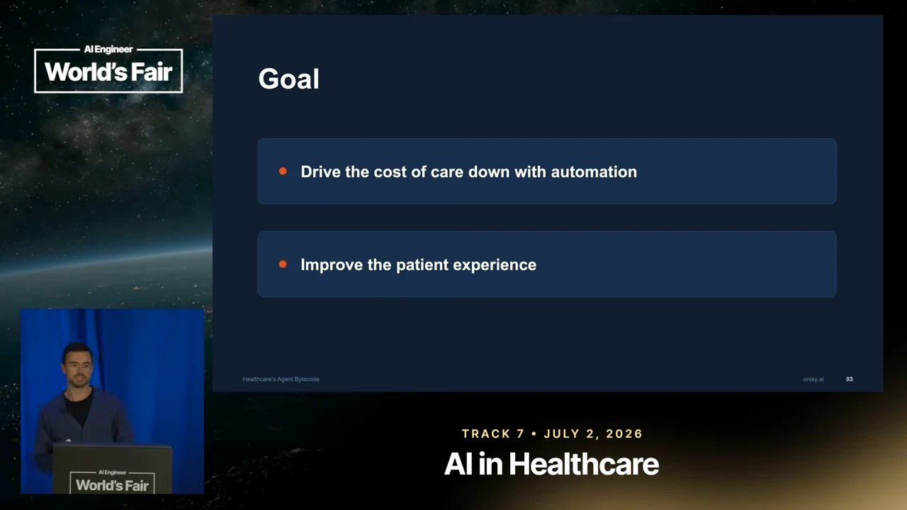 Goal slide with two bullets: drive the cost of care down with automation, and improve the patient experience.