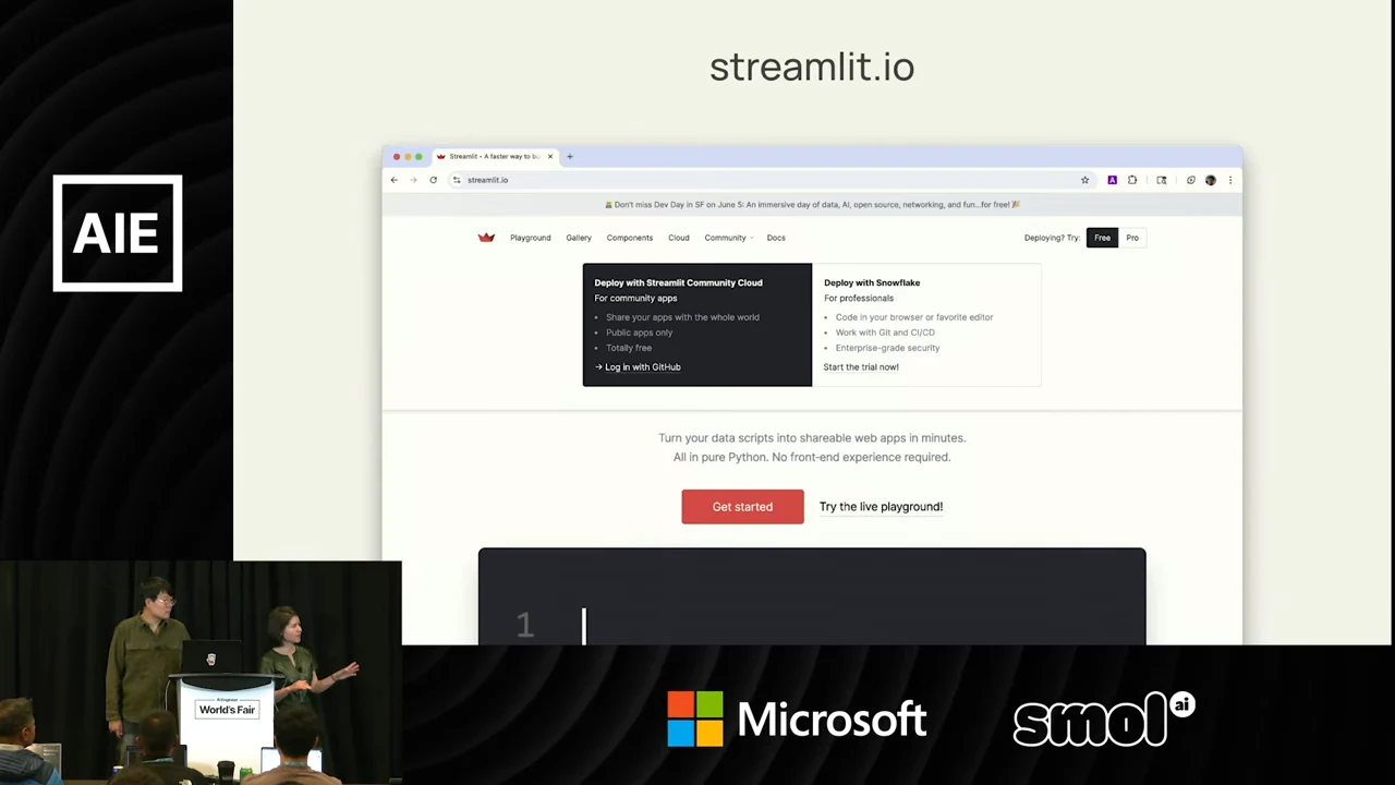 Slide titled streamlit.io showing the Streamlit website with deployment panels and a red Get started button.