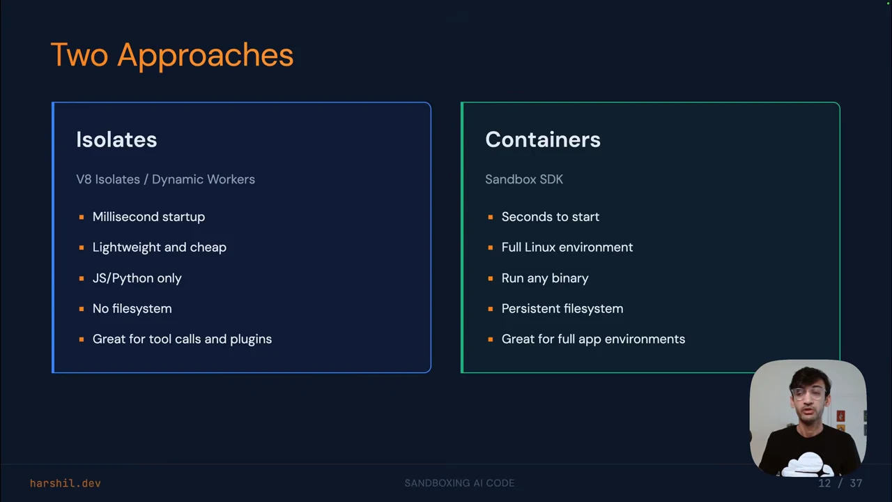 “Two Approaches” slide comparing isolates and containers by startup speed, supported execution, filesystem access, and suitable workloads.