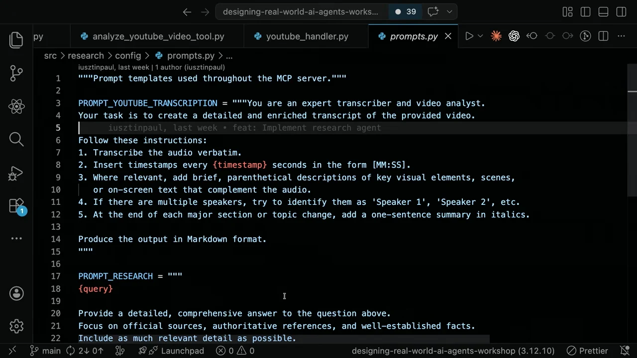 Code editor showing a transcription prompt with five instructions and a requirement to produce Markdown output.