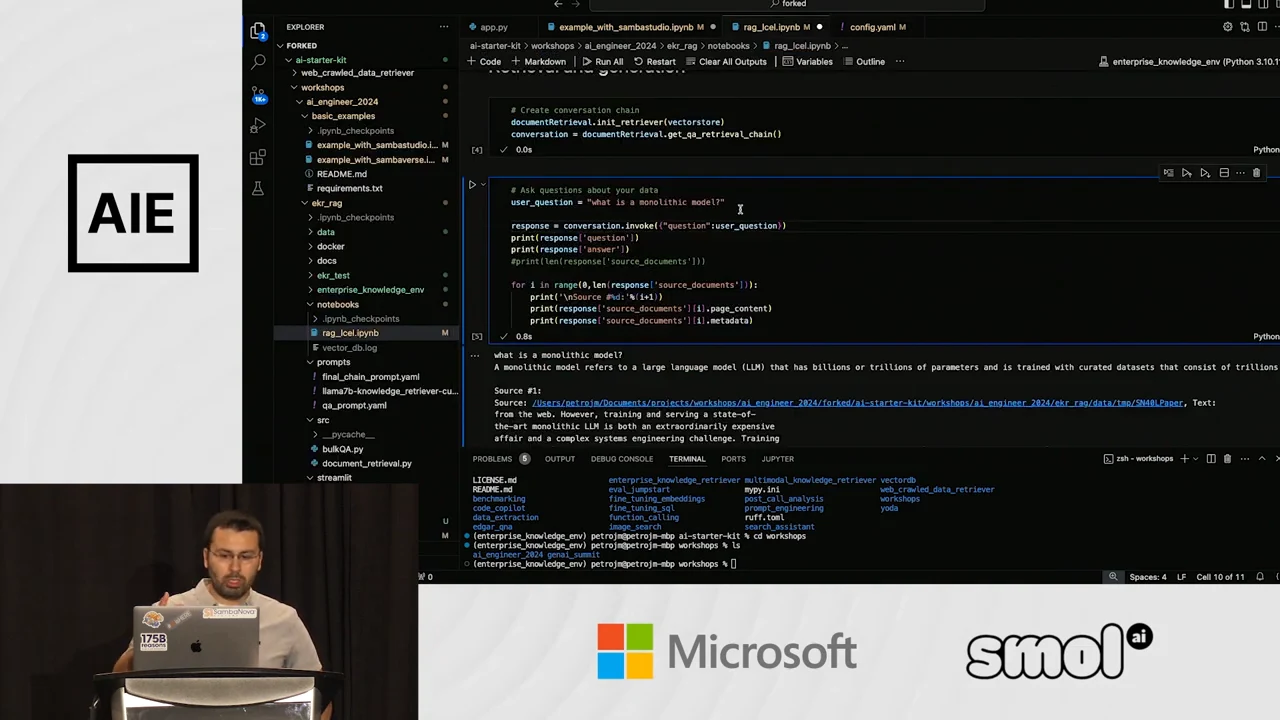 VS Code notebook with a question about a monolithic model, generated answer, source link and retrieved text below the question cell.