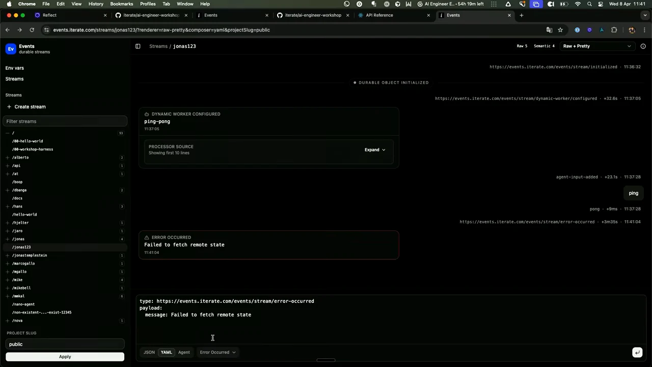 Events interface showing a configured ping-pong worker, ping and pong entries, and an error card reading “Failed to fetch remote state.”