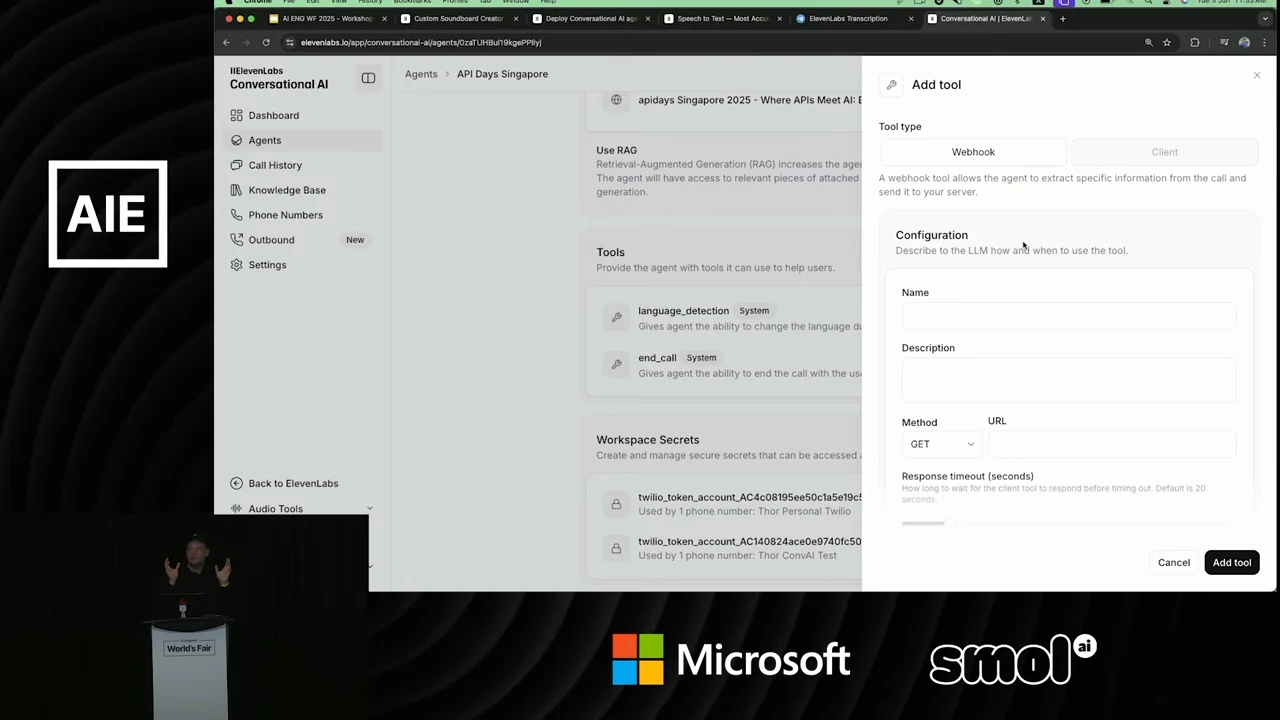 Open Add tool panel with Webhook and Client options, blank Name and Description fields, GET method, URL field and response timeout.