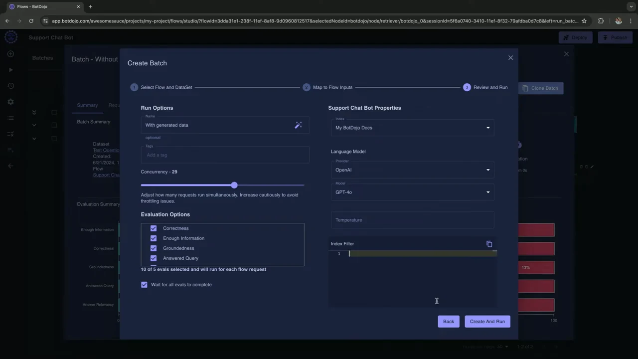 Create Batch dialog showing evaluation checkboxes, concurrency control, model settings, an empty Index Filter editor, and Create And Run button.