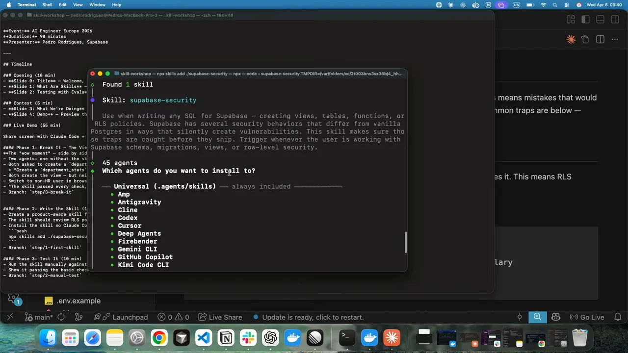 Terminal showing the detected supabase-security skill and an agent selection menu.