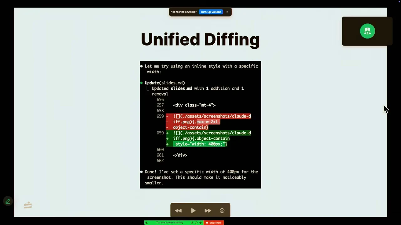 Unified Diffing slide contains a terminal screenshot with red deletion and green addition highlights and a completion message.