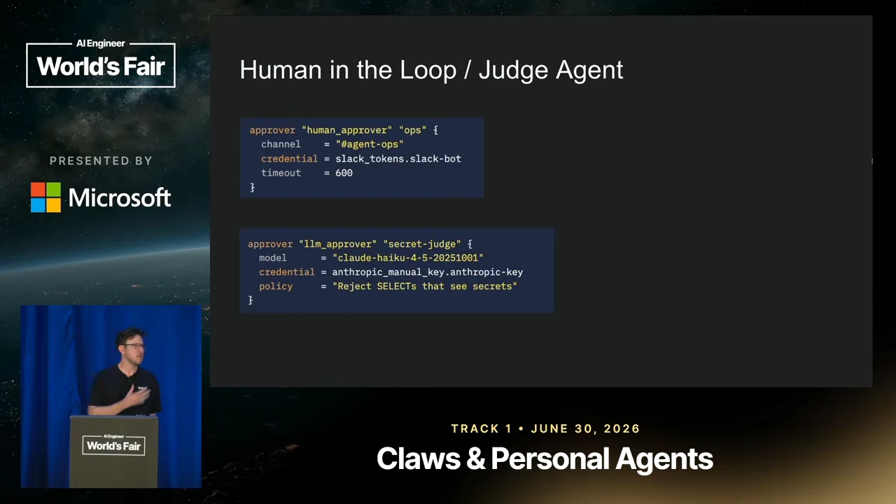 Slide titled “Human in the Loop / Judge Agent” shows two vertically stacked configuration blocks for a Slack human approver and an LLM judge.