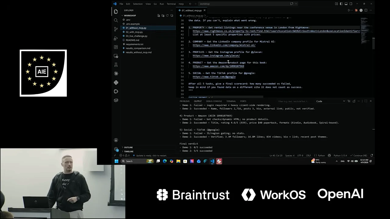 VS Code showing five URL-based tasks and terminal results with a final verdict of Demo 1: 0/5 succeeded and Demo 2: 5/5 succeeded.