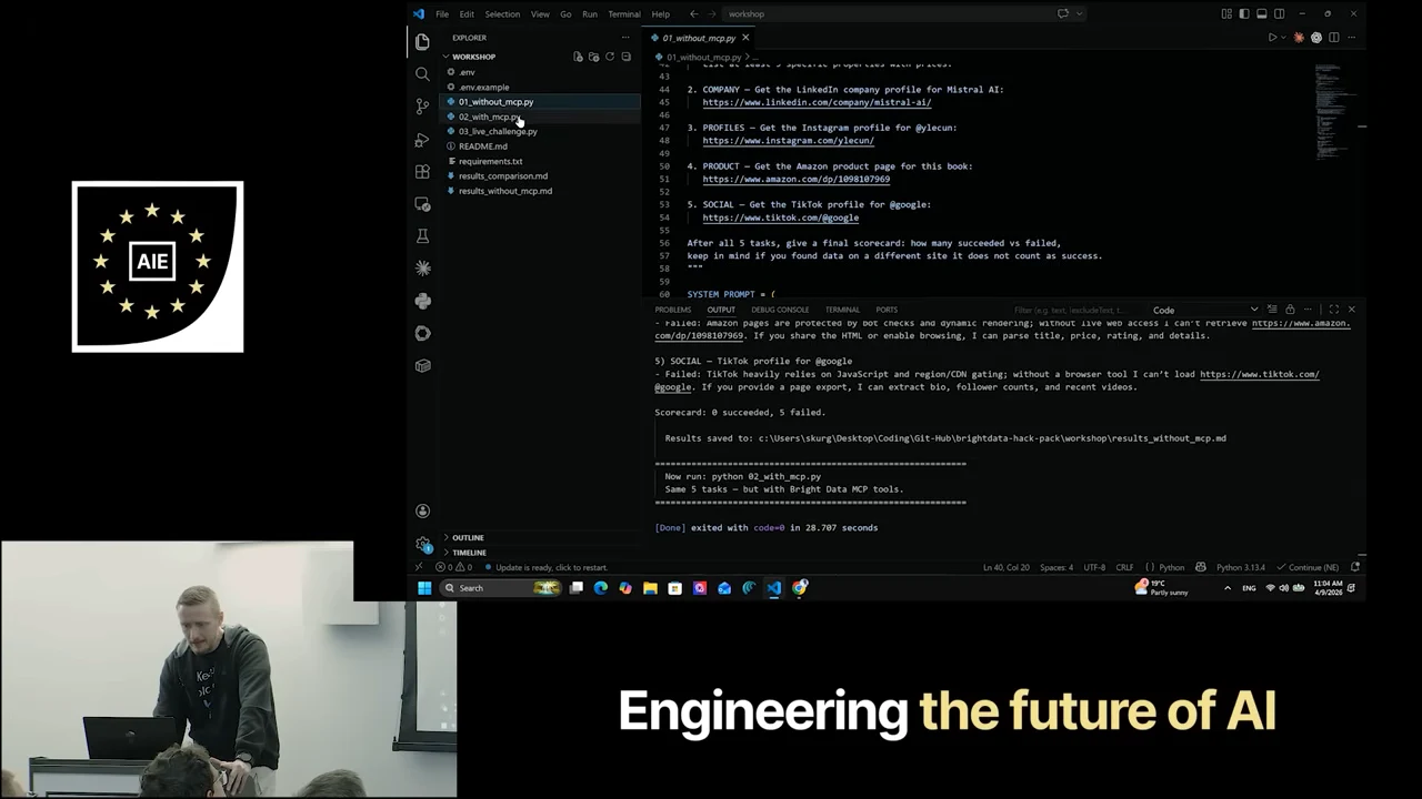 VS Code showing URL tasks above terminal output with live-access limitations and a scorecard of 0 succeeded, 5 failed.