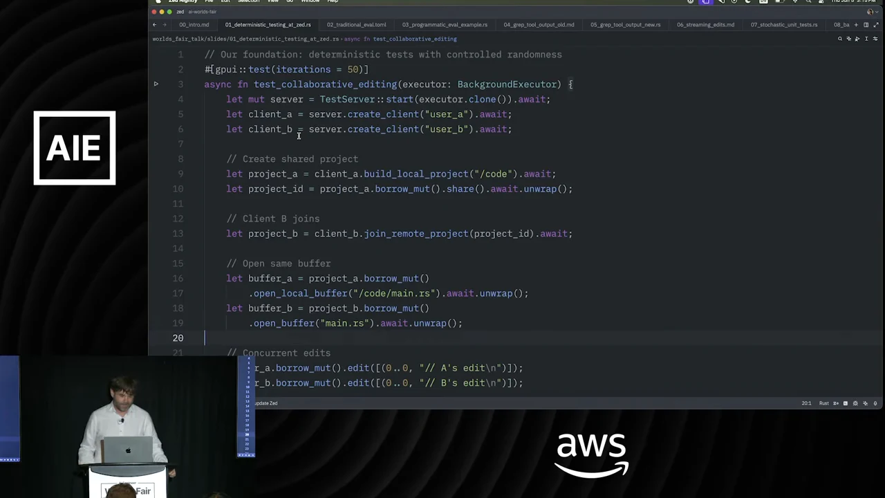 Rust test code in Zed showing a server, two clients, a shared project, buffer setup, and concurrent edits.