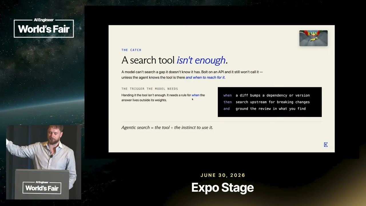 Selected presentation frame from Your Coding Agent Is 6 Months Out of Date — Jakub Hojsan, Exa at 247 seconds