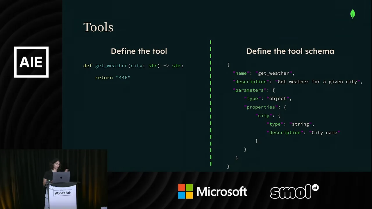 Tools slide with a weather function on the left and a schema defining its name, description, and city parameter on the right.