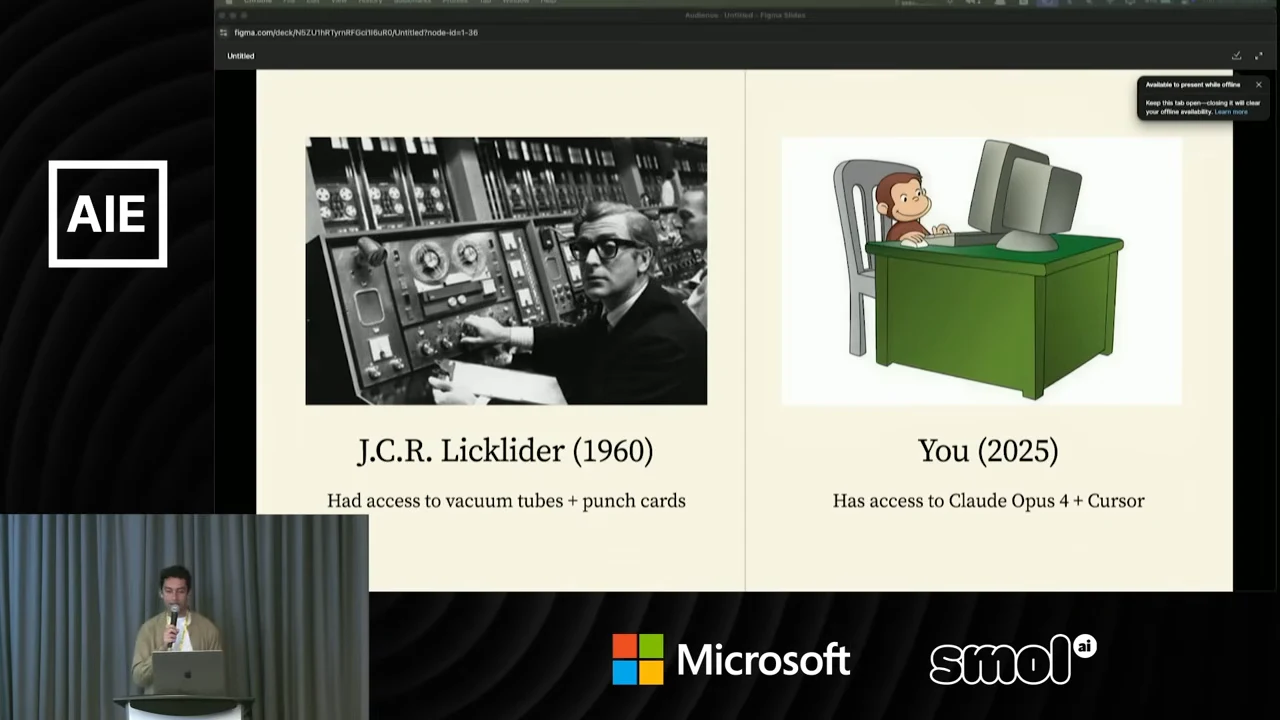 Two-column slide pairs a photograph labeled “J.C.R. Licklider (1960)” with a cartoon monkey at a computer labeled “You (2025).” Captions contrast vacuum tubes and punch cards with Claude Opus 4 and Cursor.