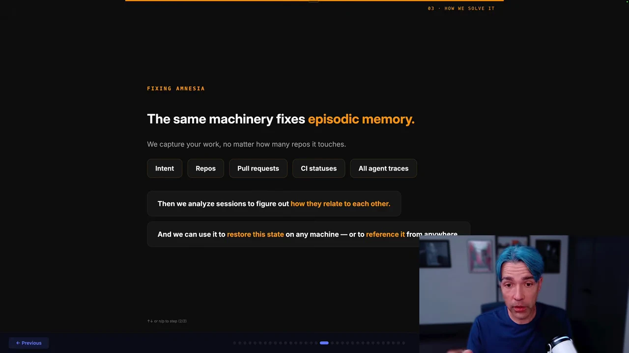 Episodic memory slide listing Intent, Repos, Pull requests, CI statuses and All agent traces, followed by statements about relating sessions and restoring or referencing state; presenter inset at lower right.