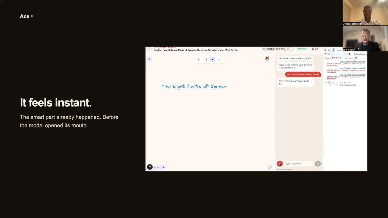 Slide headed “It feels instant” beside a tutor interface showing “The Eight Parts of Speech,” chat messages, and a developer panel.