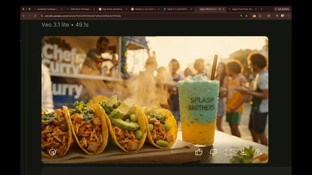 Video preview with tacos and a blue-and-yellow drink in the foreground, with a food truck and people behind them.