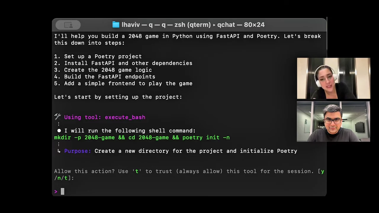 Terminal showing a five-step 2048 build plan, a project initialization command, and a permission prompt with yes, no, and trust choices.