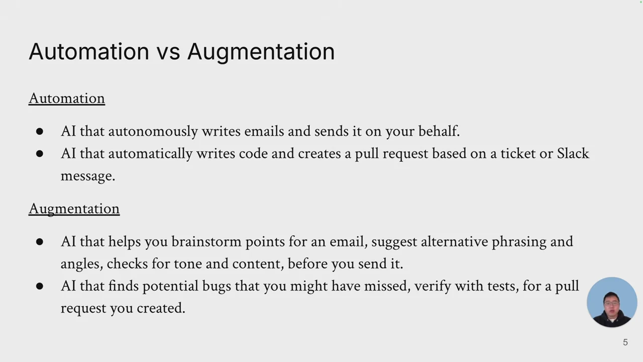 Automation vs Augmentation slide contrasting autonomous email and code creation with brainstorming, tone checks, and finding potential bugs in a user-created pull request.