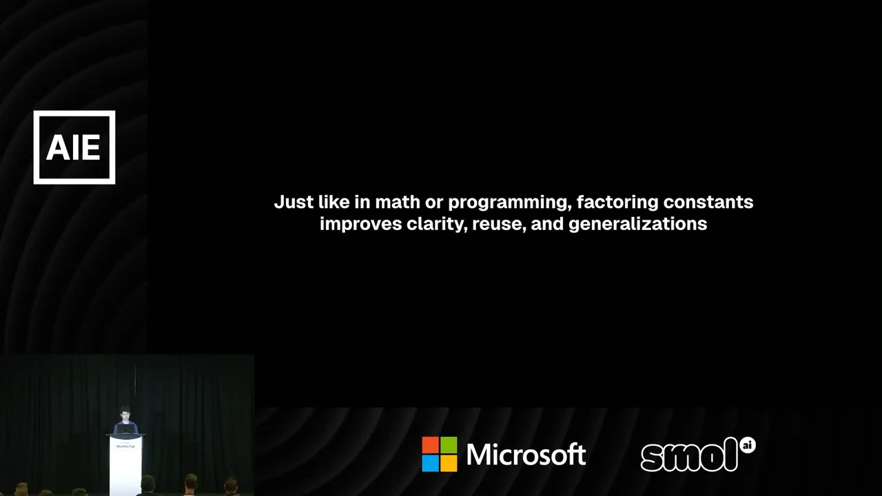 Text slide stating, “Just like in math or programming, factoring constants improves clarity, reuse, and generalizations.”