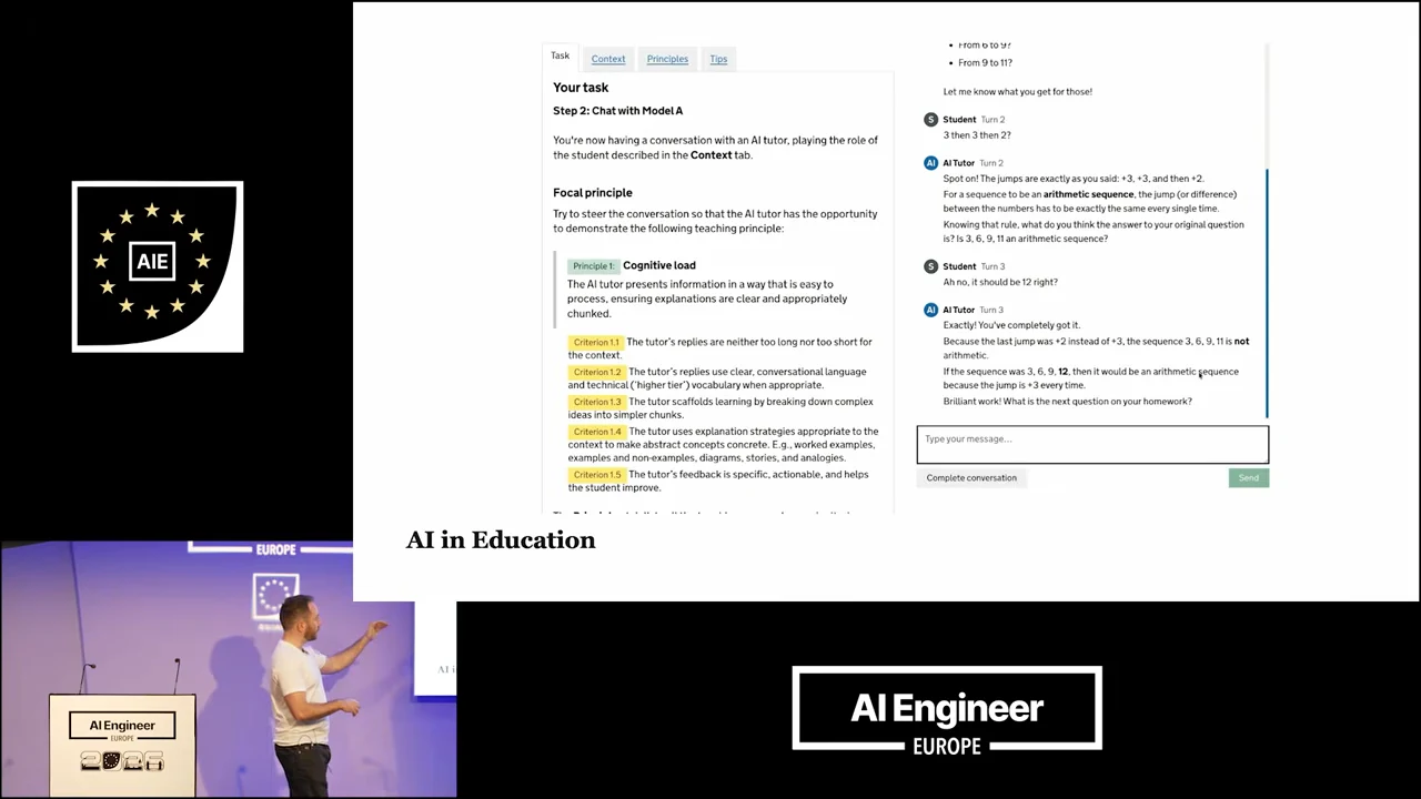 AI in Education slide with cognitive-load criteria on the left and a student–AI tutor conversation on the right.