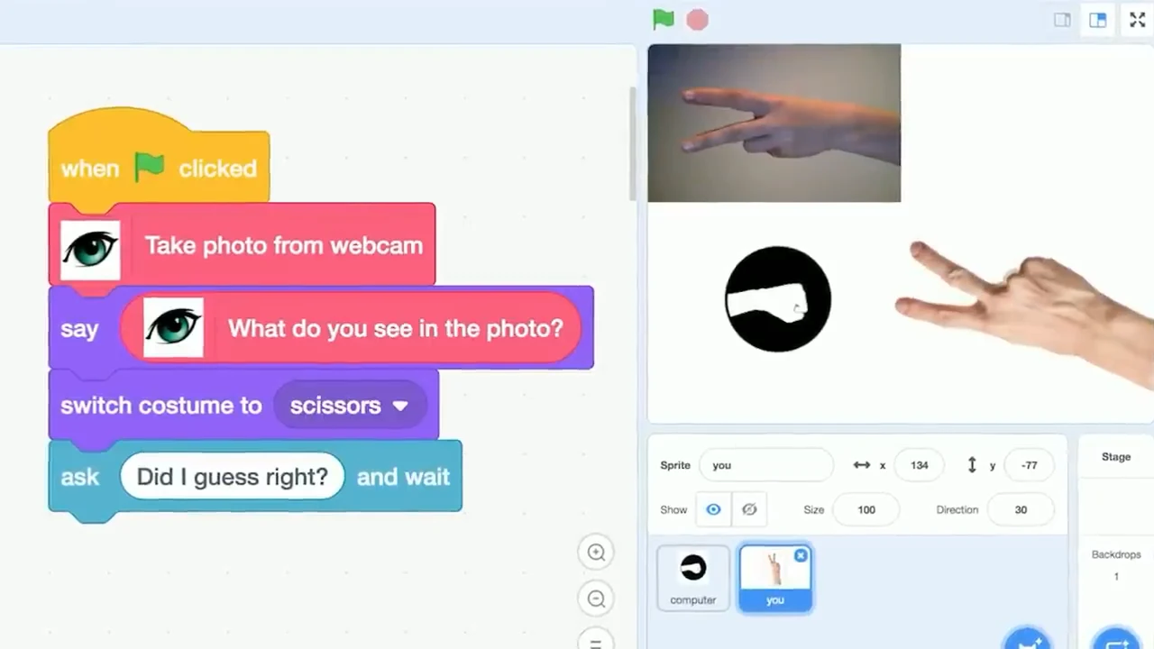 Visual blocks take a webcam photo, ask what is in it, switch to a scissors costume, and ask “Did I guess right?” Hand gestures appear on the stage.